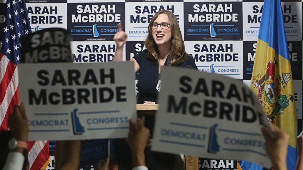 Sarah McBride speaks to supporters after winning the Democratic primary for the US House of Representatives on September 10, 2024. Damian Giletto/Delaware News Journal/USA Today Network/Imagn Images