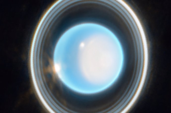 Uranus captured by the Webb Telescope's near-infrared camera.