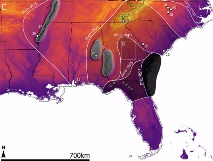 Spatial distribution of AMS, archaeological and ethnohistorical data