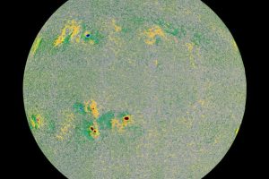 A magnetogram shows the direction of the Sun's magnetic field, which clusters around sunspots. Credit: European Space Agency