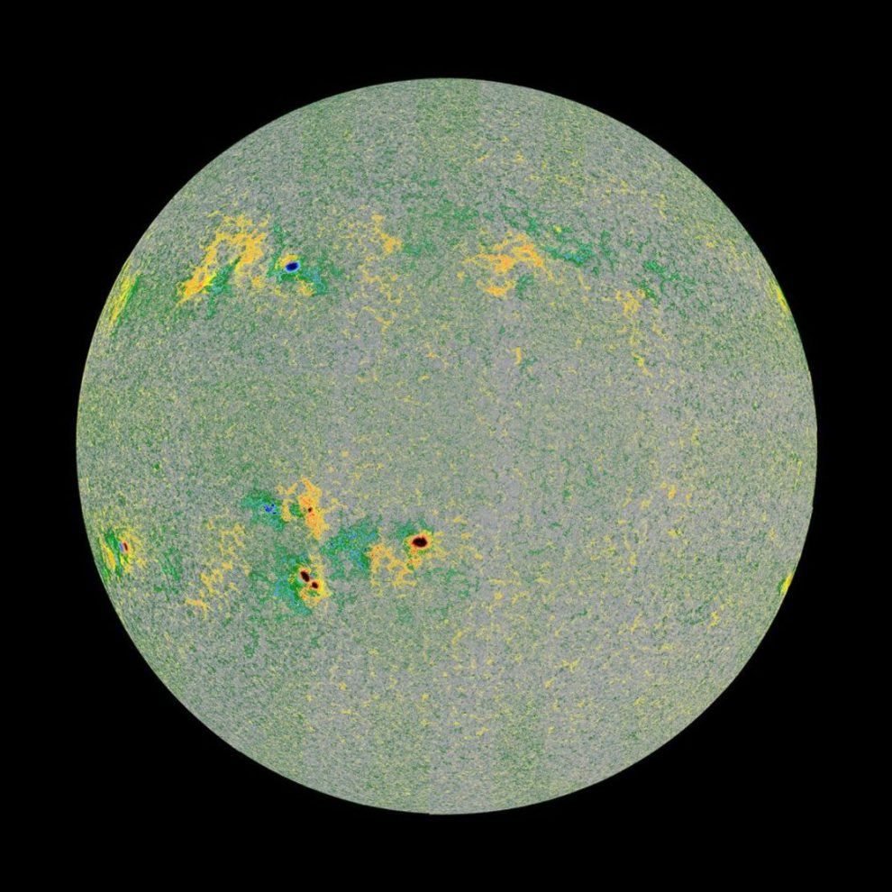 A magnetogram shows the direction of the Sun's magnetic field, which clusters around sunspots. Credit: European Space Agency