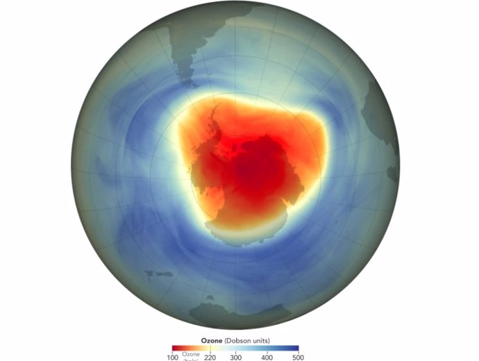 This map shows the size and shape of the ozone hole over the South Pole on September 28, 2024, the day of its annual maximum extent, as calculated by NASA's Ozone Watch team.