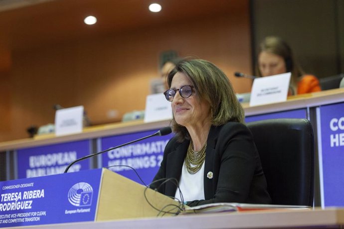 The candidate for the executive vice-presidency of the Clean, Fair and Competitive Transition, and for the Competition portfolio of the European Commission, Teresa Ribera, during her speech in the European Parliament