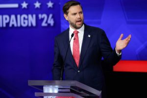 Senator JD Vance, Republican vice presidential candidate, participates in a debate at the CBS Broadcast Center on October 1, 2024 in New York City.