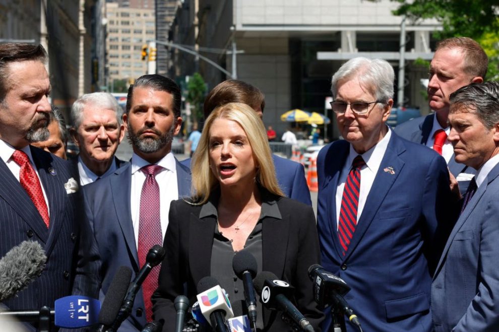 Pam Bondi, center, speaks during a press conference during a break in former US President Donald Trump's hush money trial outside Manhattan Criminal Court on May 21, 2024 in New York City. (Photo: Michael M. Santiago/Getty Images).