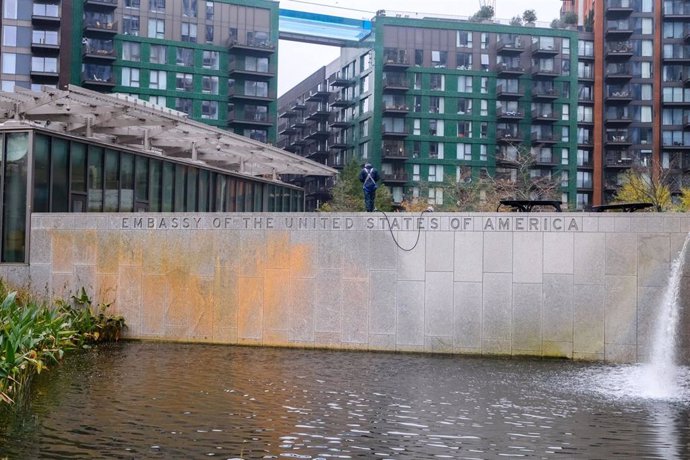 Orange paint on the US Embassy in London