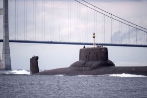 This 2017 photo shows a Russian Navy nuclear ballistic missile submarine in the Baltic Sea near Denmark.