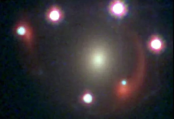 Six instances of the same quasar in a JWST image, indicating the discovery of Einstein's first zigzag.