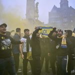 Maccabi Tel Aviv fans in Amsterdam's Dam Square on November 7. Mouneb Taim/Anadolu/Getty Images