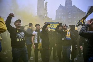 Maccabi Tel Aviv fans in Amsterdam's Dam Square on November 7. Mouneb Taim/Anadolu/Getty Images