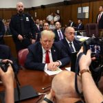 Donald Trump appears in court with his attorneys Todd Blanche, Emil Bove and Susan Necheles for his trial over the silence of his supporters at Manhattan Criminal Court on May 28 in New York City.