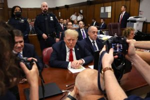 Donald Trump appears in court with his attorneys Todd Blanche, Emil Bove and Susan Necheles for his trial over the silence of his supporters at Manhattan Criminal Court on May 28 in New York City.