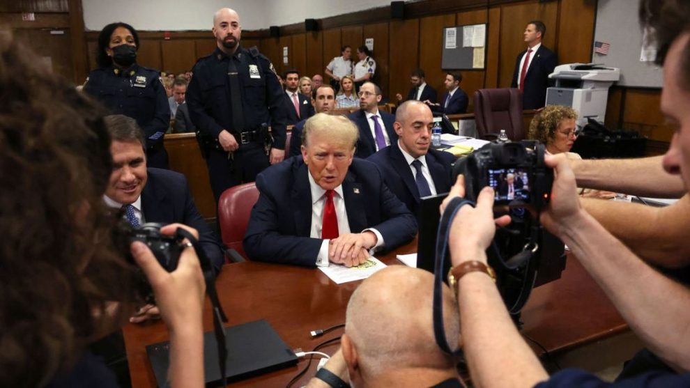 Donald Trump appears in court with his attorneys Todd Blanche, Emil Bove and Susan Necheles for his trial over the silence of his supporters at Manhattan Criminal Court on May 28 in New York City.