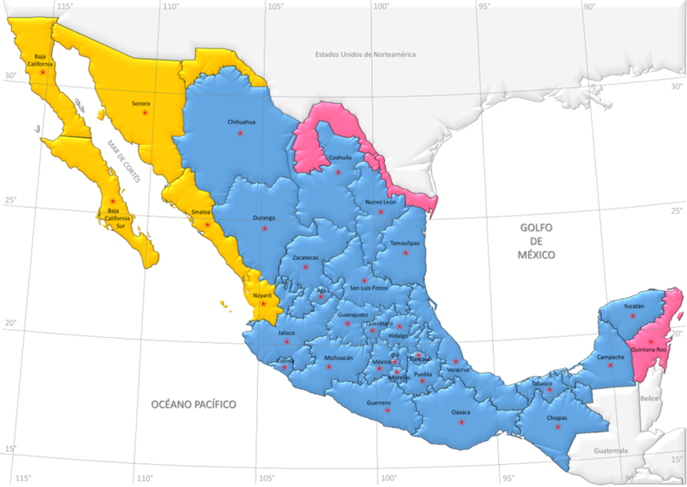 Official division of time zones in Mexico. CENAM credit.