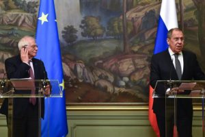 The head of EU diplomacy, Josep Borrell, at the joint press conference with Sergei Lavrov.