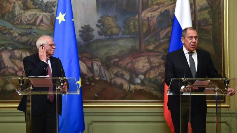 The head of EU diplomacy, Josep Borrell, at the joint press conference with Sergei Lavrov.