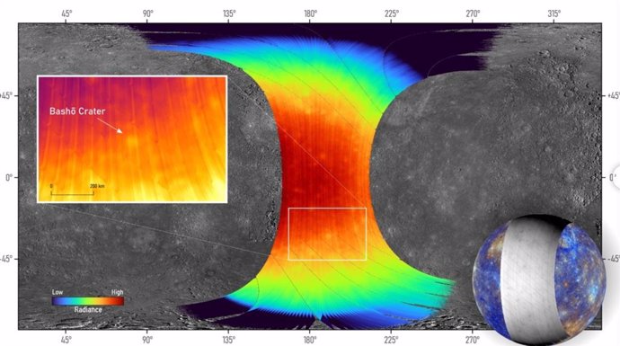 This colored part of this image shows the first measurement ever by a spacecraft of how Mercury radiates mid-infrared light.