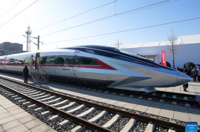 This photo shows the CR450AF bullet train in Beijing on December 29, 2024.