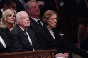 Former US President Jimmy Carter and former US First Lady Rosalynn Carter attend the funeral of former President George HW Bush at the National Cathedral in Washington, December 5, 2018. Credit: MANDEL NGAN /AFP via Getty Images