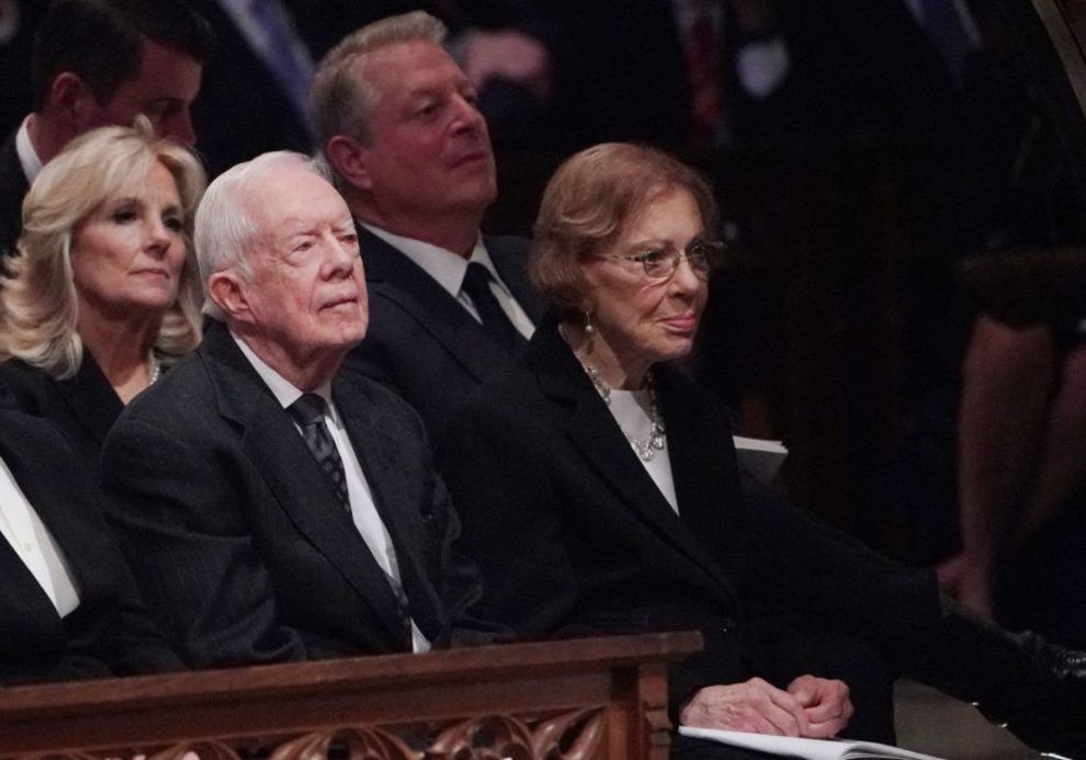 Former US President Jimmy Carter and former US First Lady Rosalynn Carter attend the funeral of former President George HW Bush at the National Cathedral in Washington, December 5, 2018. Credit: MANDEL NGAN /AFP via Getty Images