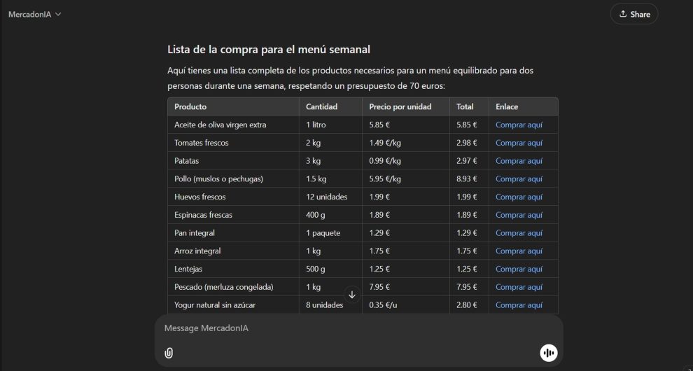 MercadonIA, the GPT chat with all Mercadona products that makes recipes and shopping lists according to budget