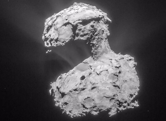 This image, taken by ESA's Rosetta navigation camera, was taken from about 53 miles from the center of comet 67P/Churyumov-Gerasimenko on March 14, 2015.