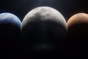 The artistic concept of the Earth, the Moon and Mars.