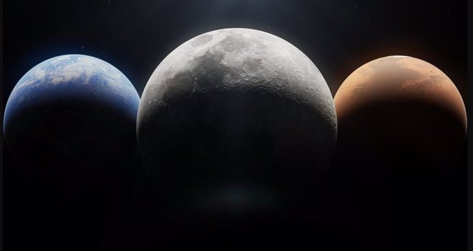 The artistic concept of the Earth, the Moon and Mars.