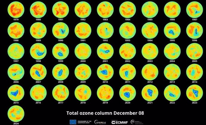 Evolution of the daily extent of the Antarctic ozone hole between July 1 and December 8 for the period 1979-2024