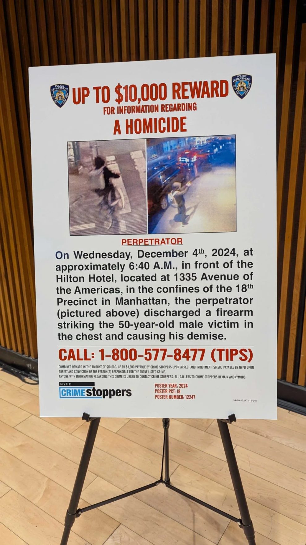 An NYPD Crime Stoppers sign is seen at a press conference regarding the shooting of UnitedHealthcare CEO Brian Thompson in New York on December 4, 2024. hYon Pomrenze/)