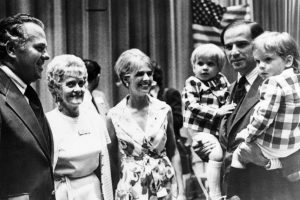 Biden holds his sons Beau, left, and Hunter, while attending a Democratic convention in Delaware in 1972. In the center is his first wife, Neilia, and later. At left are future Governor Sherman W. Tribbitt and his wife, Jeanne. Biden, a member of the New Castle County Council, ran for one of the U.S. Senate seats in Delaware, and won that November at age 29.