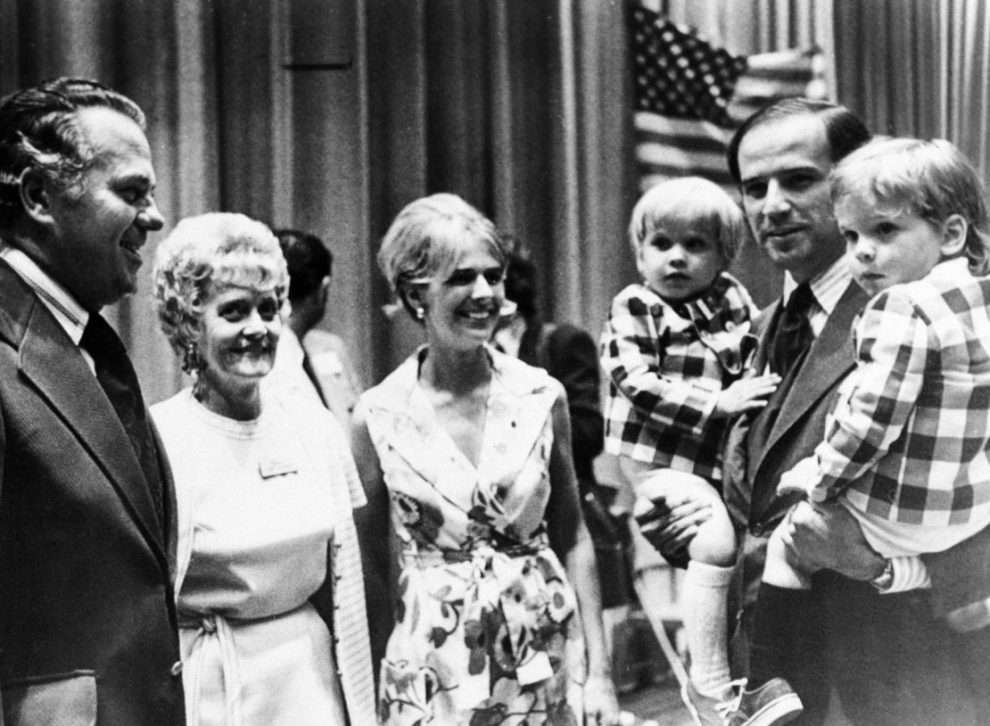 Biden holds his sons Beau, left, and Hunter, while attending a Democratic convention in Delaware in 1972. In the center is his first wife, Neilia, and later. At left are future Governor Sherman W. Tribbitt and his wife, Jeanne. Biden, a member of the New Castle County Council, ran for one of the U.S. Senate seats in Delaware, and won that November at age 29.