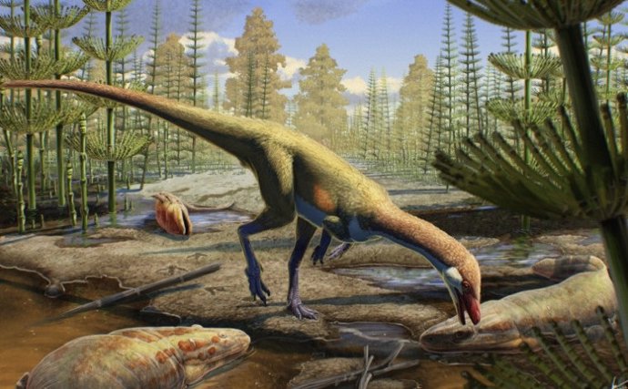 An artistic representation shows what Ahvaytum bahndooiveche could have looked like in a habitat that dates back to about 230 million years ago