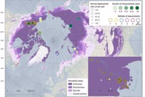 Map showing the location of interannual snowmelt subsidence measurements, the methods used, the duration of the measurements, and the corresponding rates.