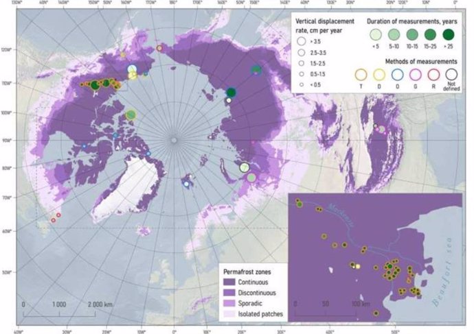 Map showing the location of interannual snowmelt subsidence measurements, the methods used, the duration of the measurements, and the corresponding rates.