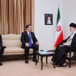 The Supreme Leader of Iran, Ayatollah Ali Khamenei, receives the Prime Minister of Iraq, Mohamed Shia al Sudani, in a meeting with the Iranian President, Masud Pezeshkian, in Tehran