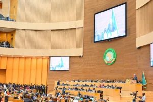 The UN Secretary General, António Guterres, pronounces a speech at the 2025 African Union Summit in Addis Abeba (Ethiopia).